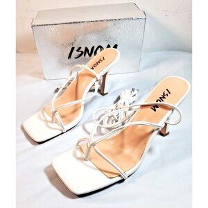 ISNOM White Women Heeled Sandals with Lace Up Strappy Ankle Size US 8 EU 38